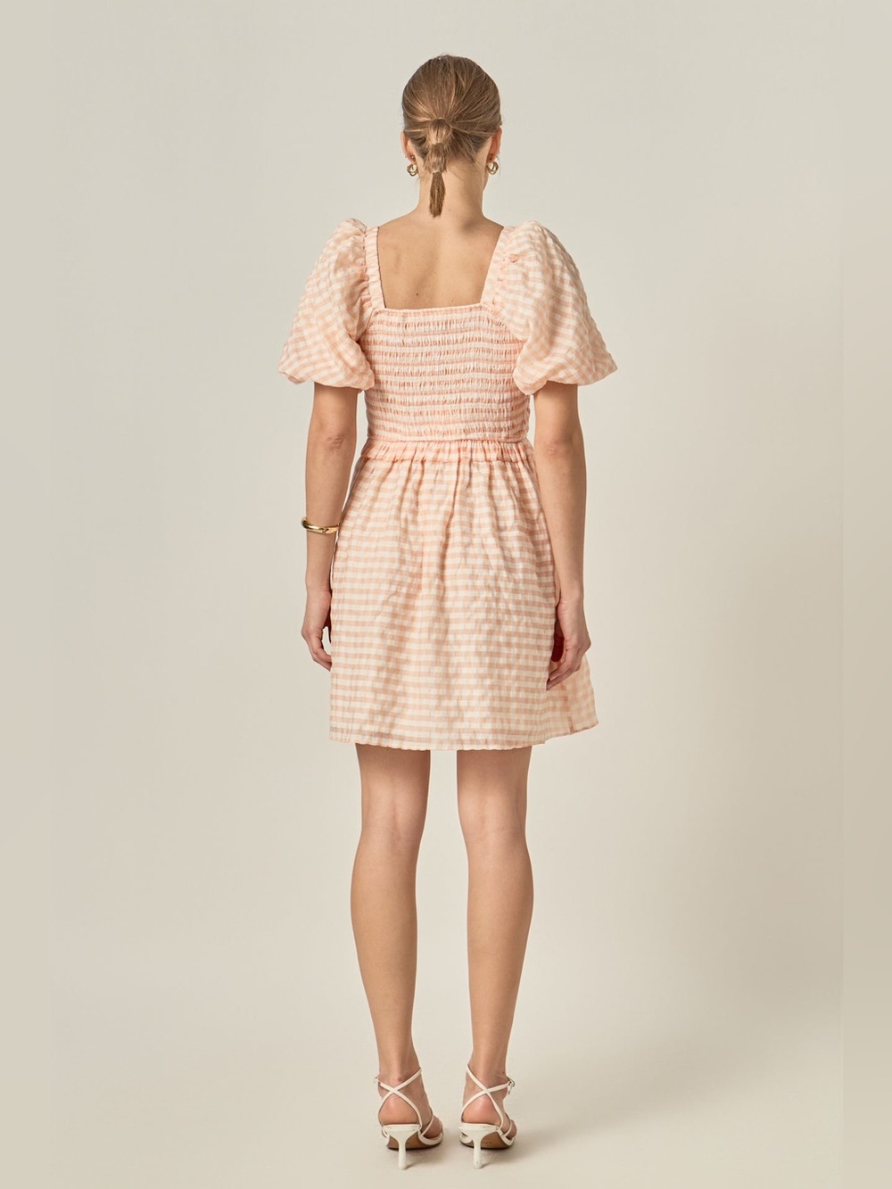 English Factory Plaid Smocked Puff Sleeve Mini Dress Coral Small - Picture 2 of 8
